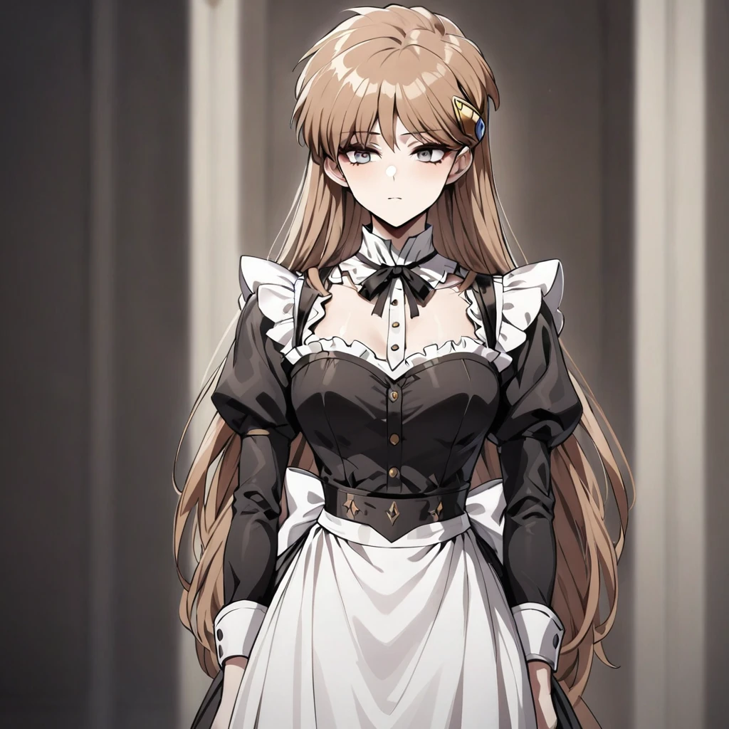 ((Highest quality)), ((masterpiece)), (detailed), (Perfect Face)、The woman is Princess Leona, with medium-long light brown hair, wearing a Victorian maid outfit and standing upright with good posture.、The woman is brainwashed, expressionless, and has no highlights in her eyes.