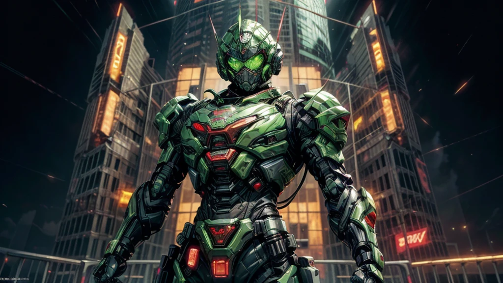 A man wearing a full-face helmet, a fantasy-style biotech armored combat suit, green eyes, (a composite layered chest armor), fully enclosed shoulder guards, matching arm and leg guards, the belt is adorned with exhaust pipes, (the color scheme is primarily black glow with green and red accents), the design balances heavy with agility, a high-tech bio-mecha armor, (Armor Concept Inspired by Cyberpunk motorcycle, stand on the top of a skyscraper in a futuristic sci-fi city), this character embodies a finely crafted fantasy-surreal style armored hero in anime style, exquisite and mature manga art style, (battle damage, element, plasma, energy, the armor glows), ((male:1.5)), metallic, real texture material, dramatic, high definition, best quality, highres, ultra-detailed, ultra-fine painting, extremely delicate, professional, perfect body proportions, golden ratio, anatomically correct, symmetrical face, extremely detailed eyes and face, high quality eyes, creativity, RAW photo, UHD, 32k, Natural light, cinematic lighting, masterpiece-anatomy-perfect, masterpiece:1.5