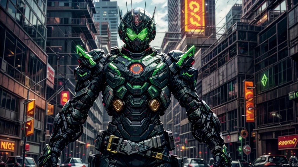 A man wearing a full-face helmet, a fantasy-style biotech armored combat suit, green eyes, (a composite layered chest armor), fully enclosed shoulder guards, matching arm and leg guards, the belt is adorned with exhaust pipes, (the color scheme is primarily black glow with green and red accents), the design balances heavy with agility, a high-tech bio-mecha armor, (Armor Concept Inspired by Cyberpunk motorcycle, stand on the top of a skyscraper in a futuristic sci-fi city), this character embodies a finely crafted fantasy-surreal style armored hero in anime style, exquisite and mature manga art style, (battle damage, element, plasma, energy, the armor glows), ((male:1.5)), metallic, real texture material, dramatic, high definition, best quality, highres, ultra-detailed, ultra-fine painting, extremely delicate, professional, perfect body proportions, golden ratio, anatomically correct, symmetrical face, extremely detailed eyes and face, high quality eyes, creativity, RAW photo, UHD, 32k, Natural light, cinematic lighting, masterpiece-anatomy-perfect, masterpiece:1.5