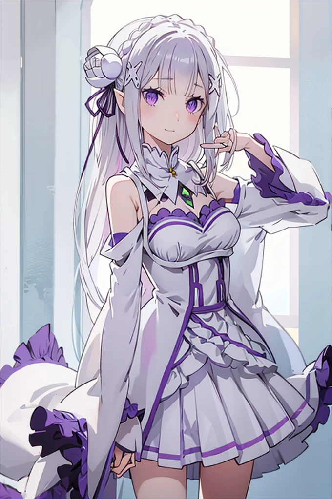 emilia, 
Rezero emilia, 
1girl, perfect anatomy, correct anatomy,perfect proportion, perfect hands, perfect legs, perfect fingers, 
best illustration, masterpiece, best quality, (anime screencap:0.8), (official art:0.7), detailed beautiful face and eyes,  BREAK long hair, low-tied long hair, braid, crown braid, animate, anime keyvisual, white hair, 
(purple eyes:1.2), (beautiful detailed eyes:1.6),
looking at viewer, 
pointy ears,
BREAK smile, 
dress, pink dress, BREAK bare shoulders, detached collar, long sleeves, shoulder cutout, wide sleeves, white sleeves, 
medium breasts, 
zettai ryouiki, 
flower, hair flower, hair ornament, hair ribbon,   white flower, x hair ornament,
cowboy shot ,
perfect lighting,
background of indoor, 