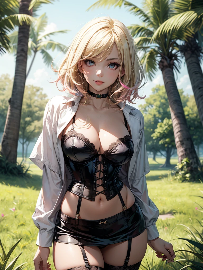 Highest Quality, masterpiece, beautifully detailed eyes,, short Blonde Hair, Gradient Hair, pink highlights in hair, medium breasts, standing, makeup, glossy lips, full lips, (natural lighting), grass, corset, thong straps, light smile, midriff, collarbone, thigh highs, miniskirt, cleavage
sultry look, seductive