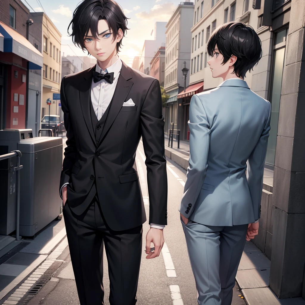 Realistic Anime style, 1boy, short black hair, light blue eyes, wearing all grey suits, street, sunset, high res, ultrasharp, 8k, masterpiece, looking at viewer from behind
