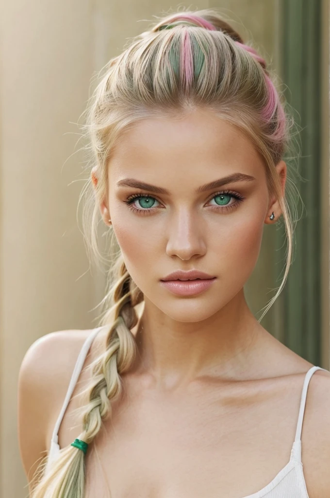 Portrait, photorealistic, realistic, Girl, green eyes, clear skin, soft makeup, long streaked green/pink hair, {loose hair, updo hair, ponytail, braids}, realistic soft skin.