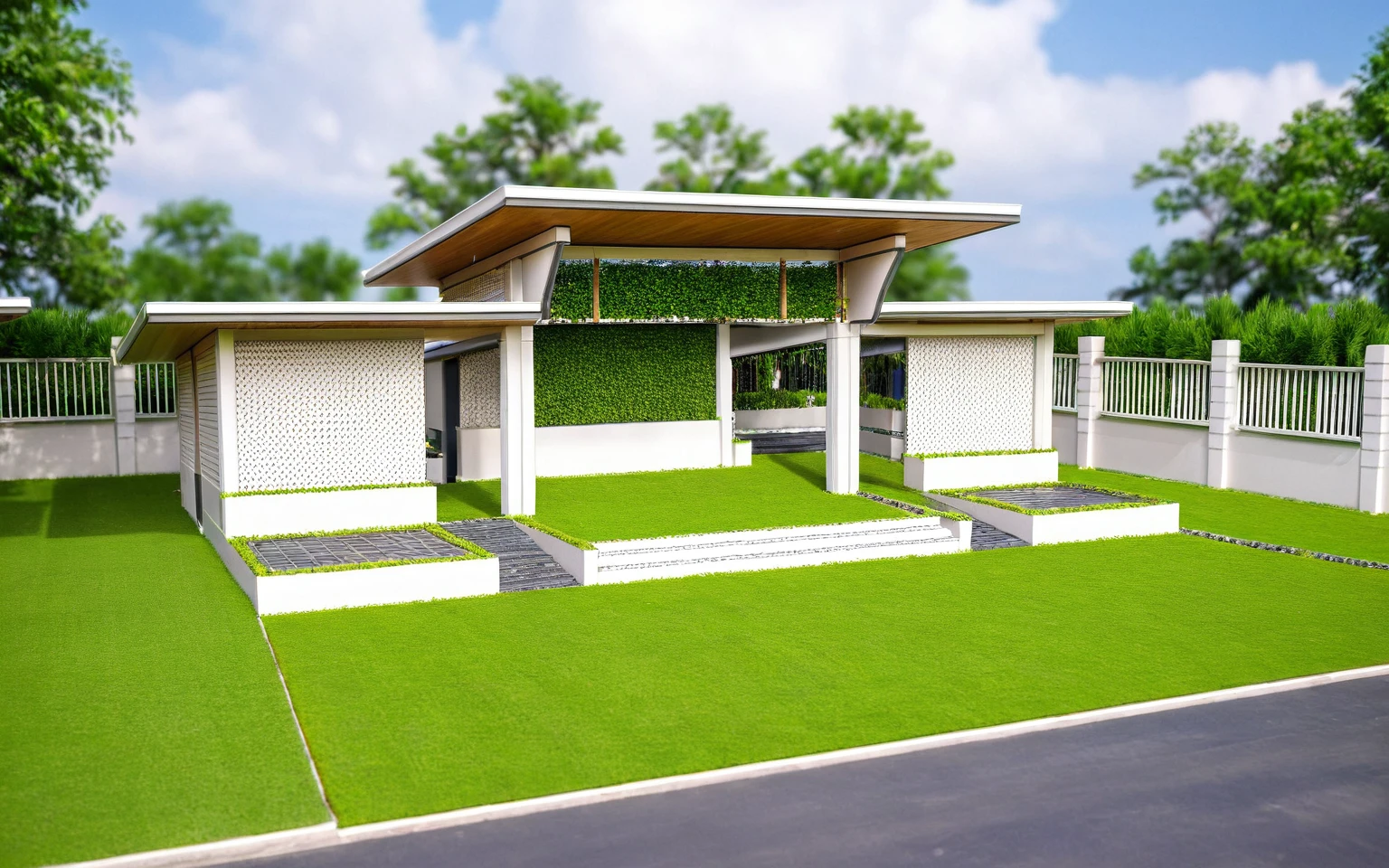 Masterpiece, high quality, best quality, authentic, super detail, outdoors, huts style modern, white wall, glass windows, gate road,pavement, grass, trees,blue sky, cloud, (day:1.1), realistic lighting