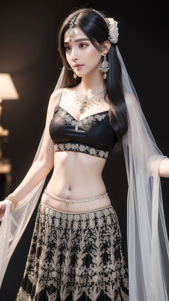 4K, UHD, masterpeice, 1 girl, good face, detailed eyes, detailed lips, very long hair, straight hair, very long hair, beautiful hair, hair ornaments, hairband, gradient hair, ((black lehenga)), ((bridal lehenga)), ((decorated blouse)), sardine, ((ornament lehenga)), ((black lace)), ((diamond bracelet)), ((pendant)), ornaments, necklace, earring, high lighting, ((bare stomach)), ((in the wedding stage)), black color,, depth of field, ray tracing, ultra realistic detailed,