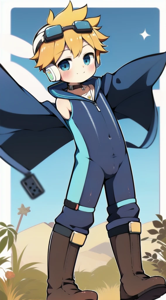 2D Boy Shota，One-piece mountaineering suit，Slim, healthy body，Put the headphones on your head，stand up，goggles，Rabbit ears，happy，Sailor collar，tie，Zipper pulled down，boots