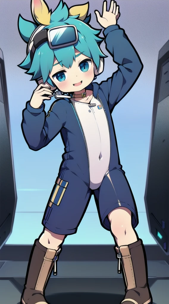 shota,,Two dimensional anime boys,One-piece school uniform,rabbitears,long slim figure,protective goggles,Fingerless gloves,The stands up