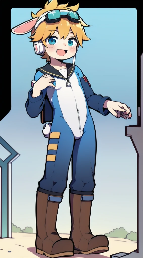 2D Boy Shota,One-piece mountaineering suit,Slim, healthy body,Put the headphones on your head,stand up,goggles,Rabbit ears,happy,Sailor collar,tie,Zipper pulled down,boots