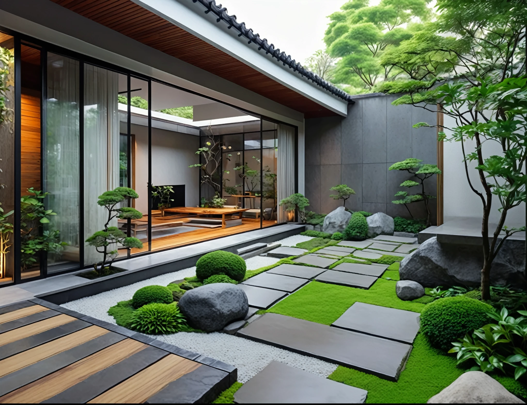 a close up of a garden with a stone path and a stone bench, beautiful aesthetic design, outdoor design, dense with greenery, garden at home, zen garden, exterior design, home and garden, beautiful design, japanese house, vibrant greenery outside, in style of ultra realistic, sharp and detailed, with a garden, beautifully detailed render, vivid and detailed