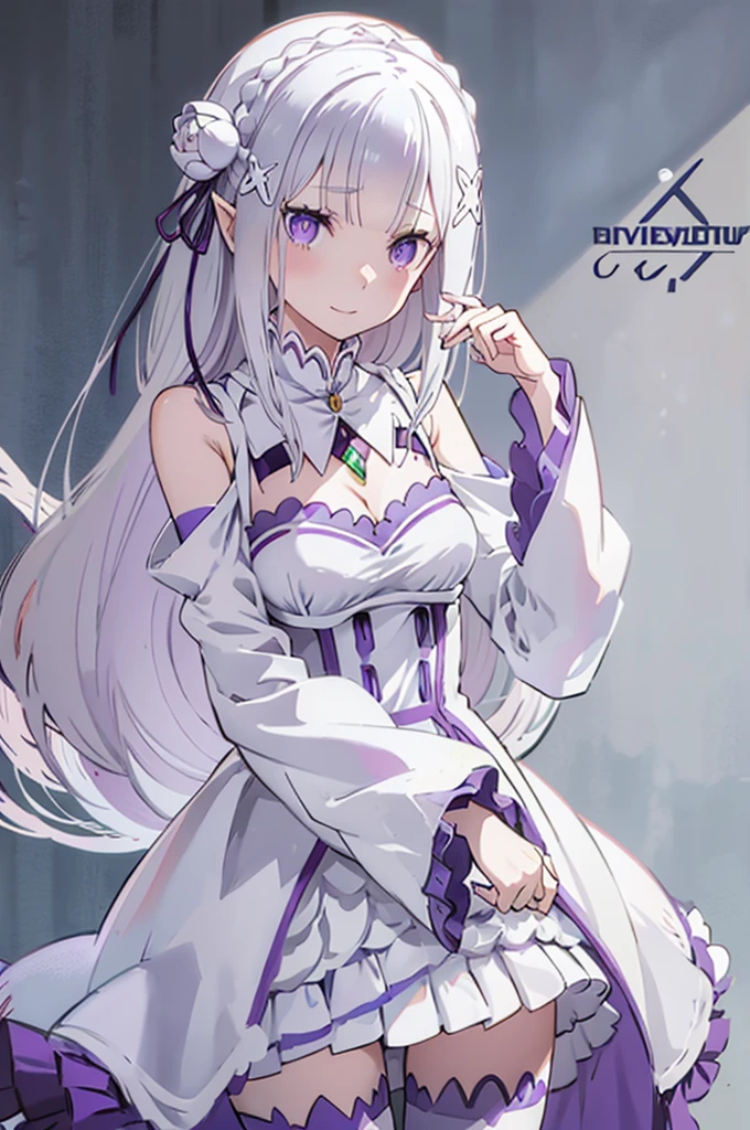 emilia, 
Rezero emilia, 
1girl, perfect ???????, correct ???????,perfect proportion, perfect hands, perfect legs, (perfect fingers:1.5), 
best illustration, masterpiece, best quality, (anime screencap:0.8), (official art:0.7), detailed beautiful face and eyes,  BREAK long hair, low-tied long hair, braid, crown braid, animate, anime keyvisual, white hair, 
(purple eyes:1.2), (beautiful detailed eyes:1.6),
looking at viewer, 
pointy ears,
BREAK smile, 
dress, pink dress, BREAK bare shoulders, detached collar, long sleeves, shoulder cutout, wide sleeves, white sleeves, 
medium breasts, 
zettai ryouiki, 
flower, hair flower, hair ornament, hair ribbon,   white flower, x hair ornament,
cowboy shot ,
perfect lighting,
background of indoor, 