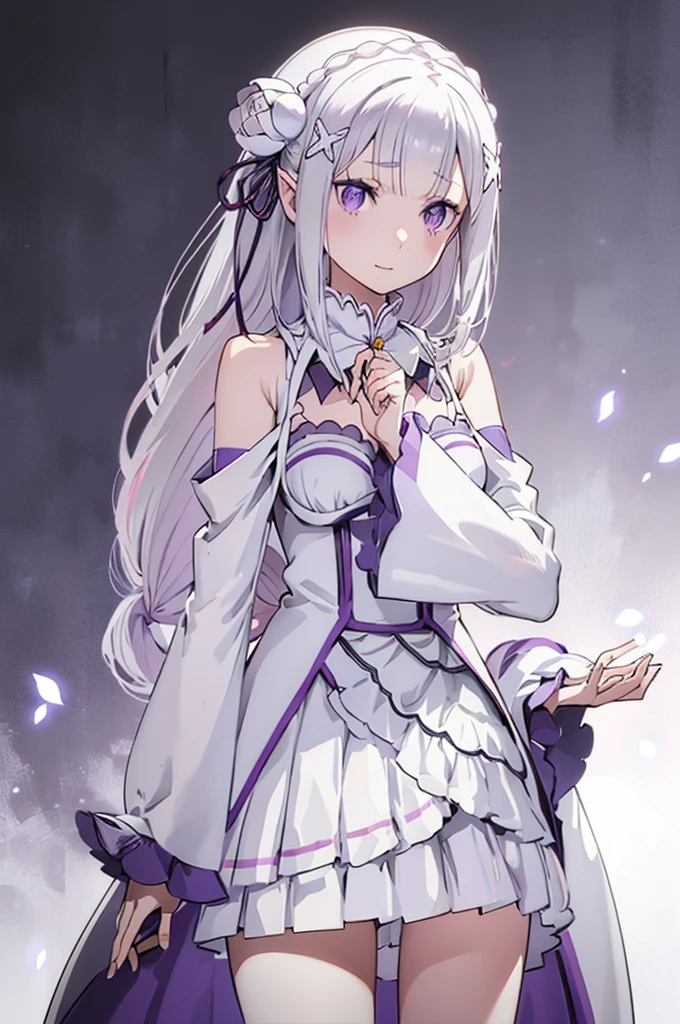 emilia, 
Rezero emilia, 
1girl, perfect anatomy, correct anatomy,perfect proportion, perfect hands, perfect legs, (perfect fingers:1.5), 
best illustration, masterpiece, best quality, (anime screencap:0.8), (official art:0.7), detailed beautiful face and eyes,  BREAK long hair, low-tied long hair, braid, crown braid, animate, anime keyvisual, white hair, 
(purple eyes:1.2), (beautiful detailed eyes:1.6),
looking at viewer, 
pointy ears,
BREAK smile, 
dress, pink dress, BREAK bare shoulders, detached collar, long sleeves, shoulder cutout, wide sleeves, white sleeves, 
medium breasts, 
zettai ryouiki, 
flower, hair flower, hair ornament, hair ribbon,   white flower, x hair ornament,
cowboy shot ,
perfect lighting,
background of indoor, 