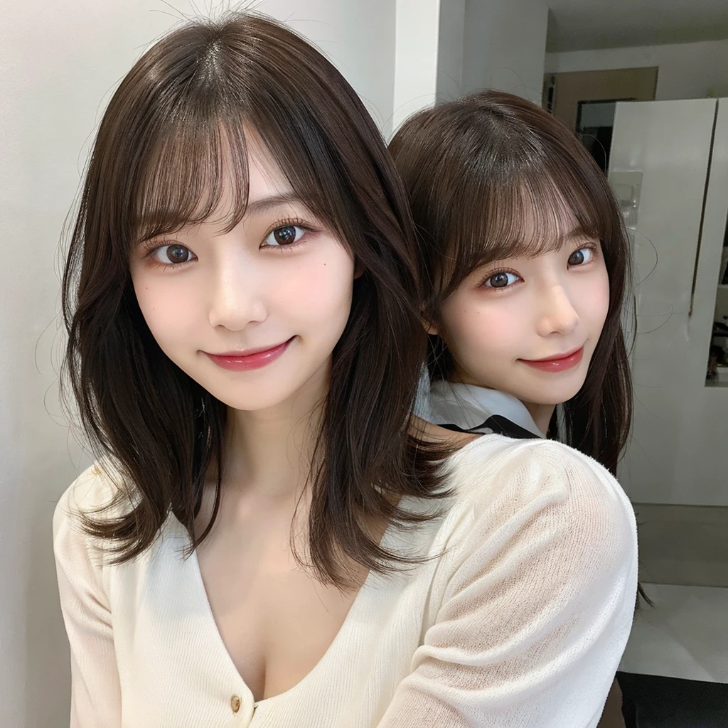 whiteroom, 1 person, Japanese woman, model's expression, look at the camera, 24yo, H cup, silver ratio, cute, middle dark brown hair, model, Dimples on both cheeks, Mole on left cheek, smile,