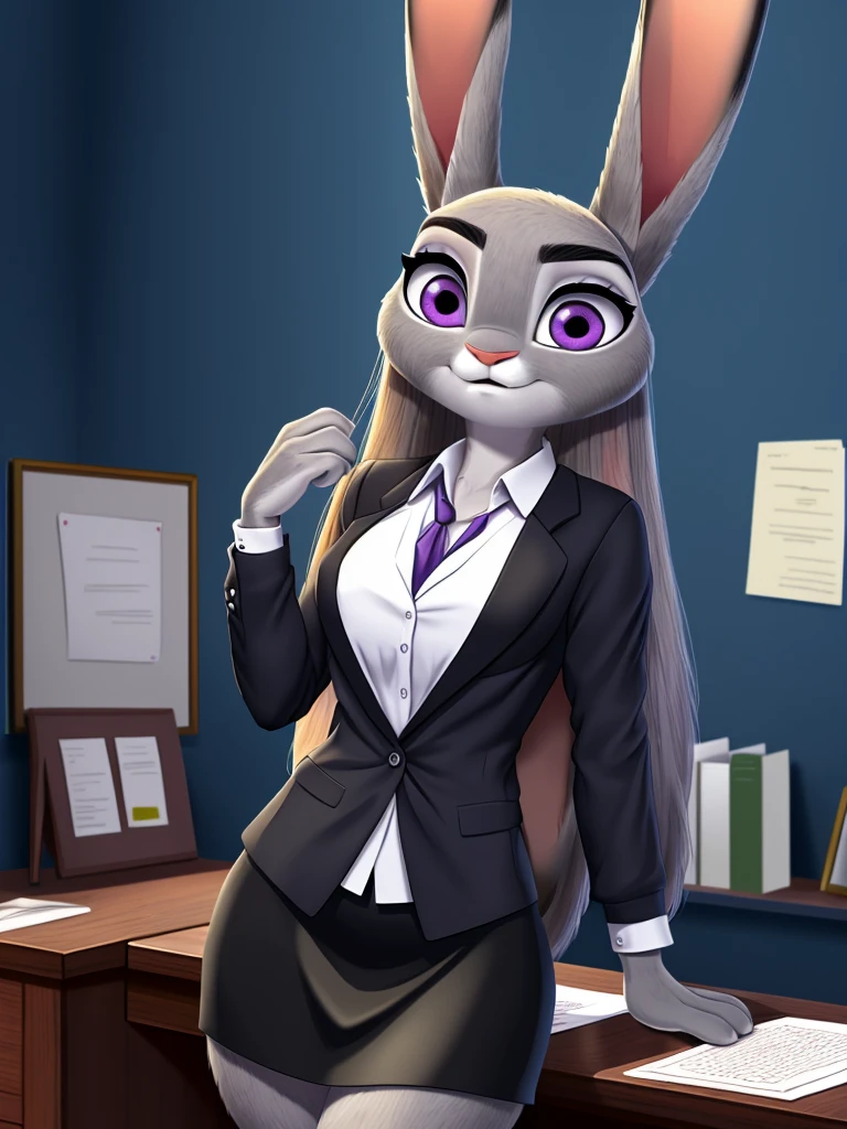 best quality,
masterpiece,
High quality
ultra-detailed
beautiful detailed,
hyper Realistic,
Portrait,
Looking at the audience,
detailed background,
background is an office,
(Face is JudyHopps:1.15),
NamiFinal,
((long straight hair)),
wispy bangs, bangs,
purple eyes,
(arched eyebrows:1.1),
(uplift eyebrows:1.1),
(rabbit ears:1.1),
office lady is wearing suit,
((White blouse)),
((Black blazer jacket)),
((Black skirt)),
clothes made of cotton,
(skin is felt:1.4),
(((body is gray with fluffy and fluffy))),
human hands,
(solo:1.5),
(1 lady:1.5),
one character only
alone,
Perfect Anatomy