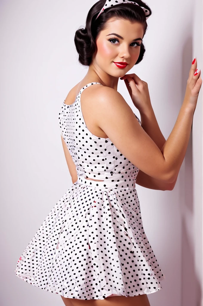 35mm photography sexy pin up girl dressed in a polka dot dress in pinup style white background