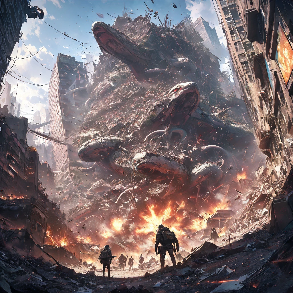 An invasion that fell from the sky, Floating Snake Mecha, The population is large, ((Dutch camera bug eye view)), Wide Angle, confusion, Scattered particles, Cyberpunk neon environment,Destruction smoke and explosions, Dystopian futurist, Rough and garbage, Reality, (best quality,masterpiece), Ultra-high resolution, 4K, Very detailed, Epic Composition, Game startup screen
