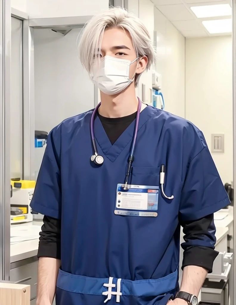 Male doctor,ponitail hair, cool face