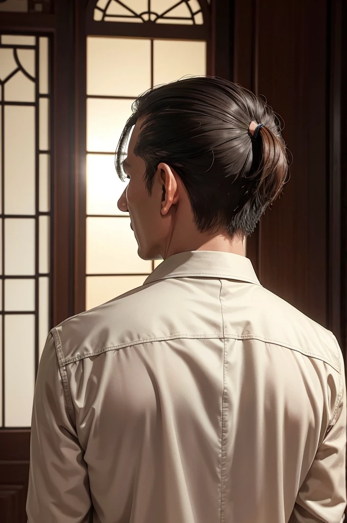 A middle-aged man,major,credibly,of Taiwanese,Used for profile picture,back, Under the mansion