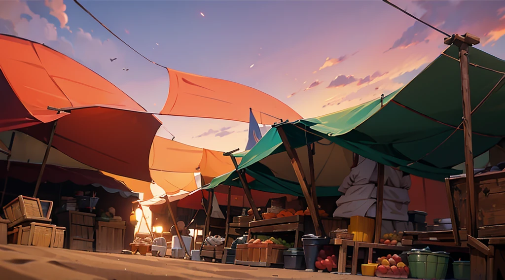 traditional market, (market tents), canopies, butchery, wooden boxes, wooden basket, strings, sand ground, dawn sky, dark morning, low angle,