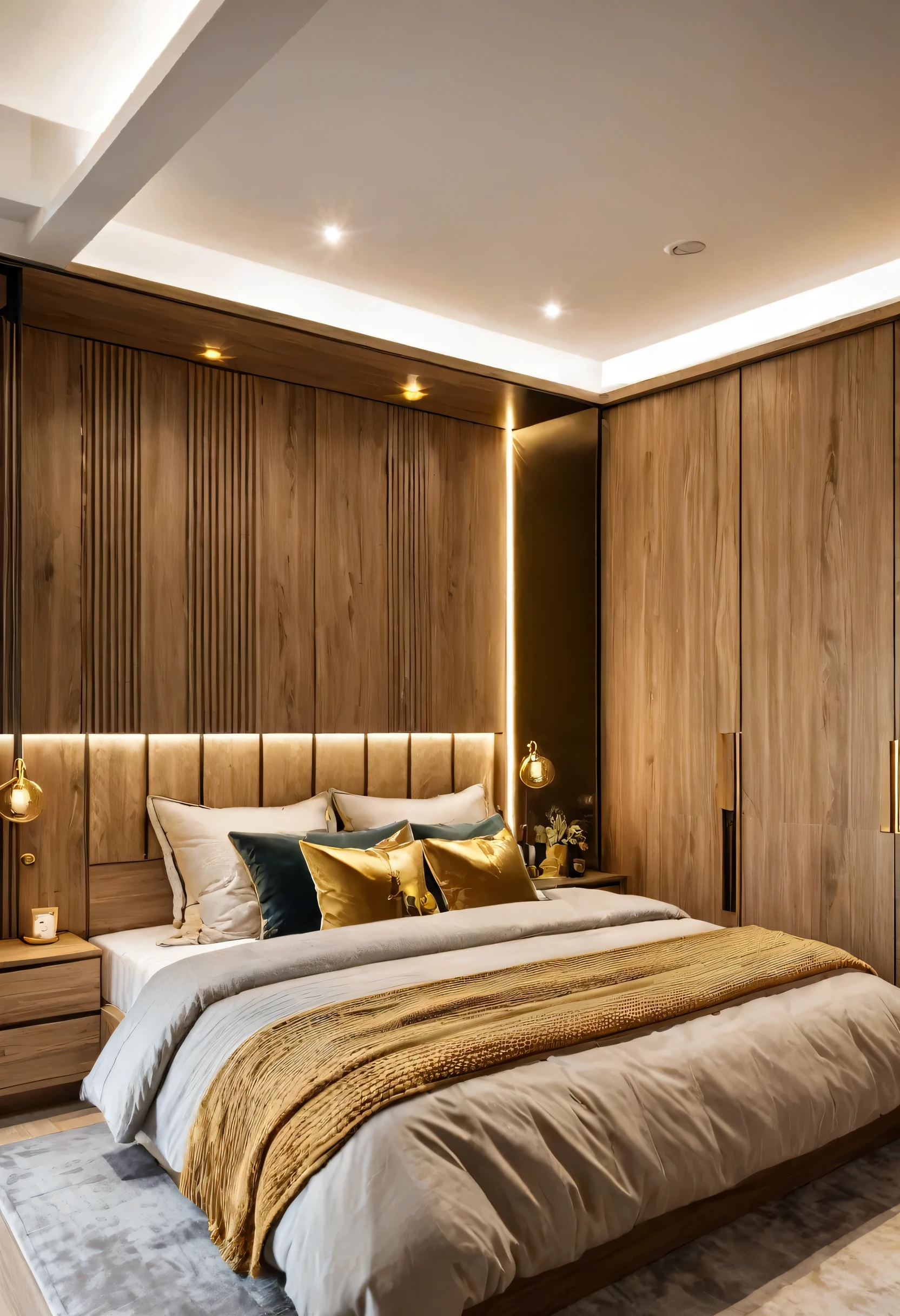 A modern bedroom with a large bed, a decorative headboard, and a built-in wardrobe. The room is decorated in warm neutral tones with accents of wood and gold. The lighting is soft and inviting, creating a relaxing and luxurious atmosphere. 
