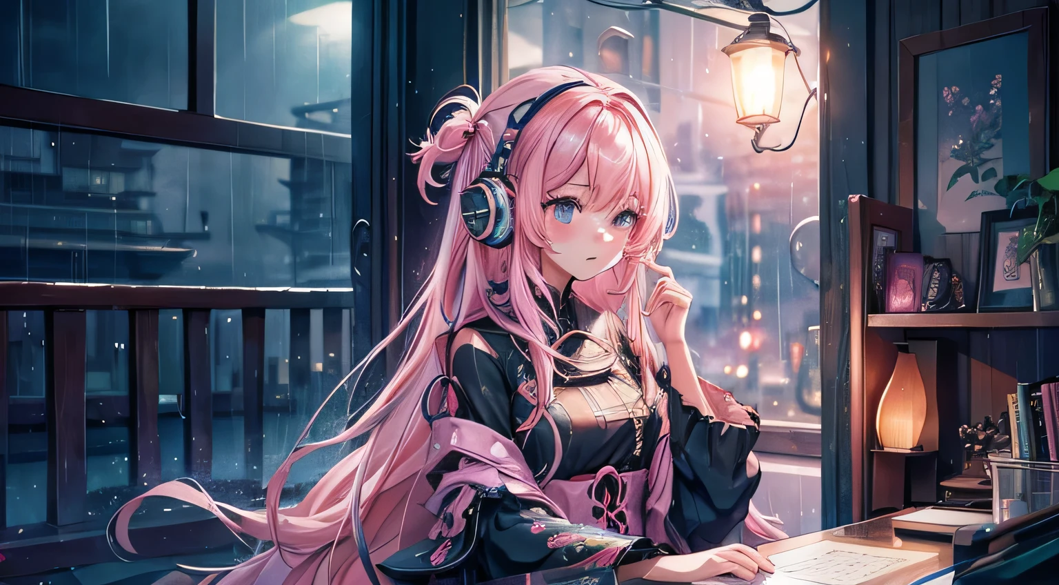 Rain sound and night view image: Rainy night、A scene of relaxing while looking out the window。
scenario: With the sound of rain and the visuals of the night view as the background、Soft lo-fi music plays。Perfect as background music to help you concentrate on studying or working。

[instrumental](masterpiece, Highest quality, Highest quality, Official Art, beautifully、aesthetic:1.2), (One girl), Very detailed,(Fractal Art:1.3),colorful,Most detailed pink hair、I have headphones on。
