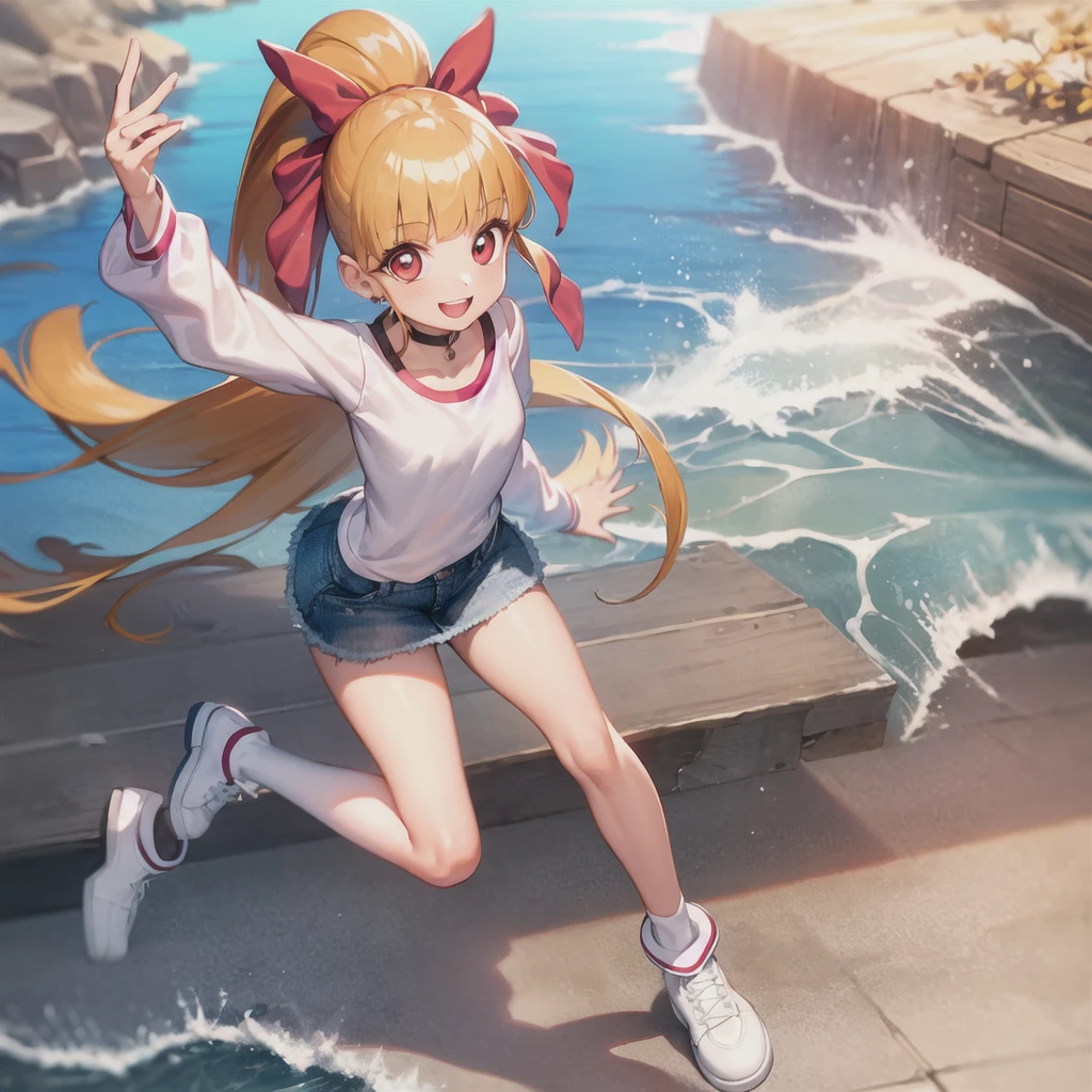 One girl, ppgzmmk, Long Hair, Blonde, Hair Ribbon, Blunt bangs, ponytail, Red eyes, Bright Eyes, (White shirt, Long sleeve, Striped sleeves:1.1), (denim, Short skirt:1.1), Jumping, smile, avert your eyes, Beach 