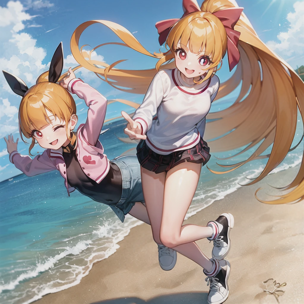 One girl, ppgzmmk, Long Hair, Blonde, Hair Ribbon, Blunt bangs, ponytail, Red eyes, Bright Eyes, (White shirt, Long sleeve, Striped sleeves:1.1), (denim, Short skirt:1.1), Jumping, smile, avert your eyes, Beach 