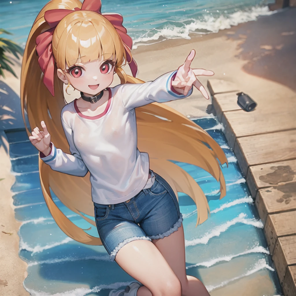 One girl, ppgzmmk, Long Hair, Blonde, Hair Ribbon, Blunt bangs, ponytail, Red eyes, Bright Eyes, (White shirt, Long sleeve, Striped sleeves:1.1), (denim, Short skirt:1.1), Jumping, smile, avert your eyes, Beach