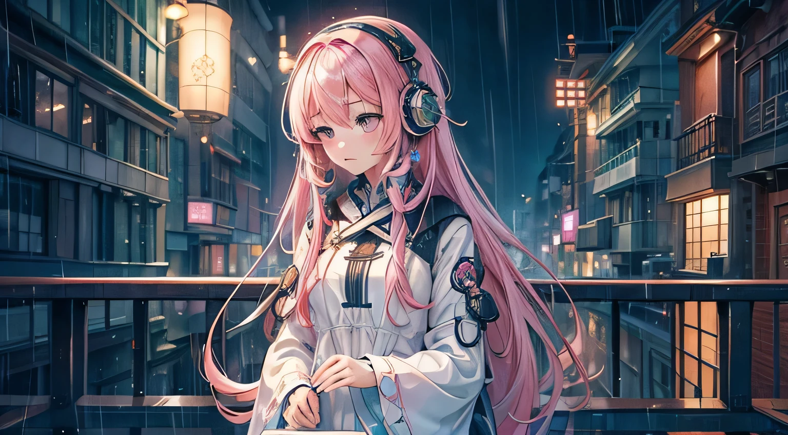 Rain sound and night view image: Rainy night、A scene of relaxing while looking out the window。
scenario: With the sound of rain and the visuals of the night view as the background、Soft lo-fi music plays。Perfect as background music to help you concentrate on studying or working。

[instrumental](masterpiece, Highest quality, Highest quality, Official Art, beautifully、aesthetic:1.2), (One girl), Very detailed,(Fractal Art:1.3),colorful,Most detailed pink hair、I have headphones on。
