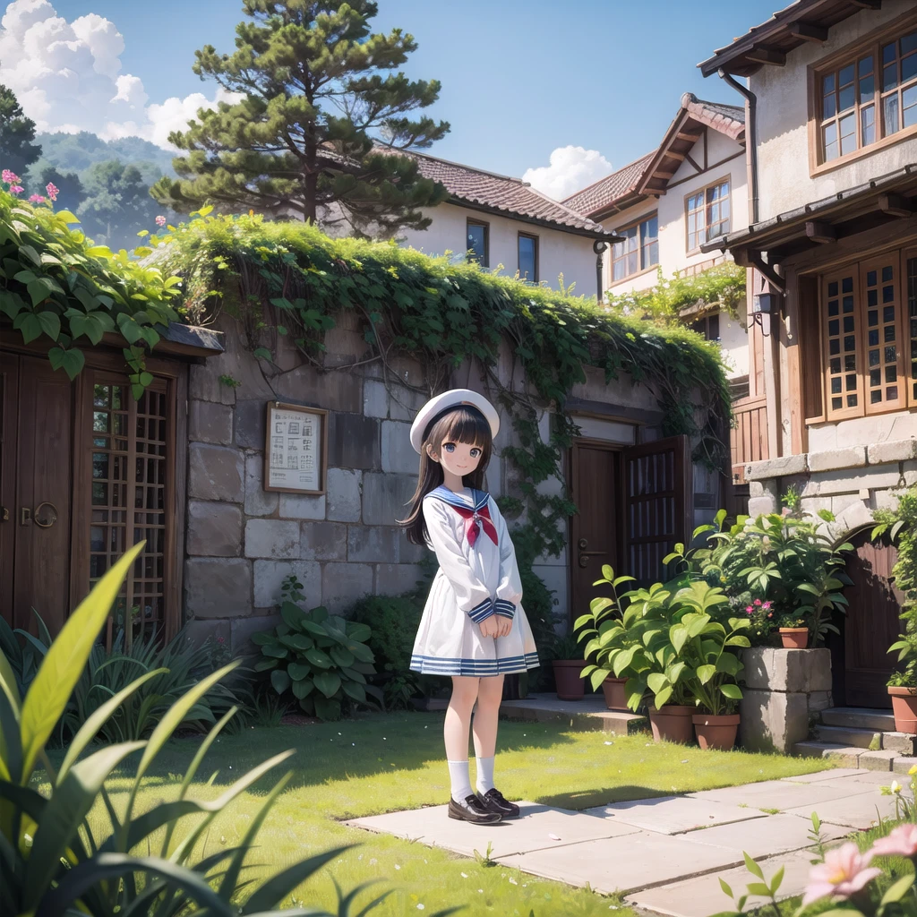 (masterpiece), town, blue sky, One Girl, smile, alone, Sailor suit、Long skirt, Overgrown, petal, plant、Skirt lining、Translucent slip、Nostalgic