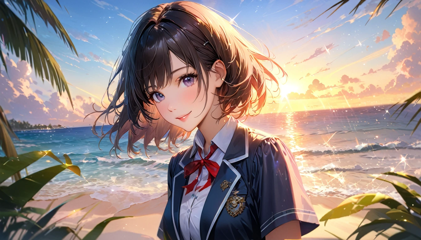 Sparkling sea and tropical ocean, Sunny sky with fluffy white clouds, Palm trees along the coast, Blur the background,Pleasant sea breeze,high school girl,short hair,smile,Glitter effect,Highest quality, 4K, 8K, High resolution, masterpiece:1.2, Very detailed, Realistic:1.37, High resolution, 超High resolution, Ultra-fine painting, Sharp focus, Physically Based Rendering, Very detailedな説明, Professional, Vibrant colors