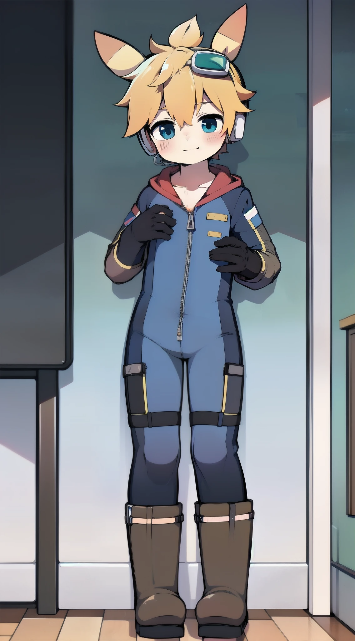 2D Boy Shota,One-piece mountaineering suit,Slim, healthy body,Put the headphones on your head,stand up,goggles,Rabbit ears,happy,Sailor collar,tie,Zipper pulled down,boots