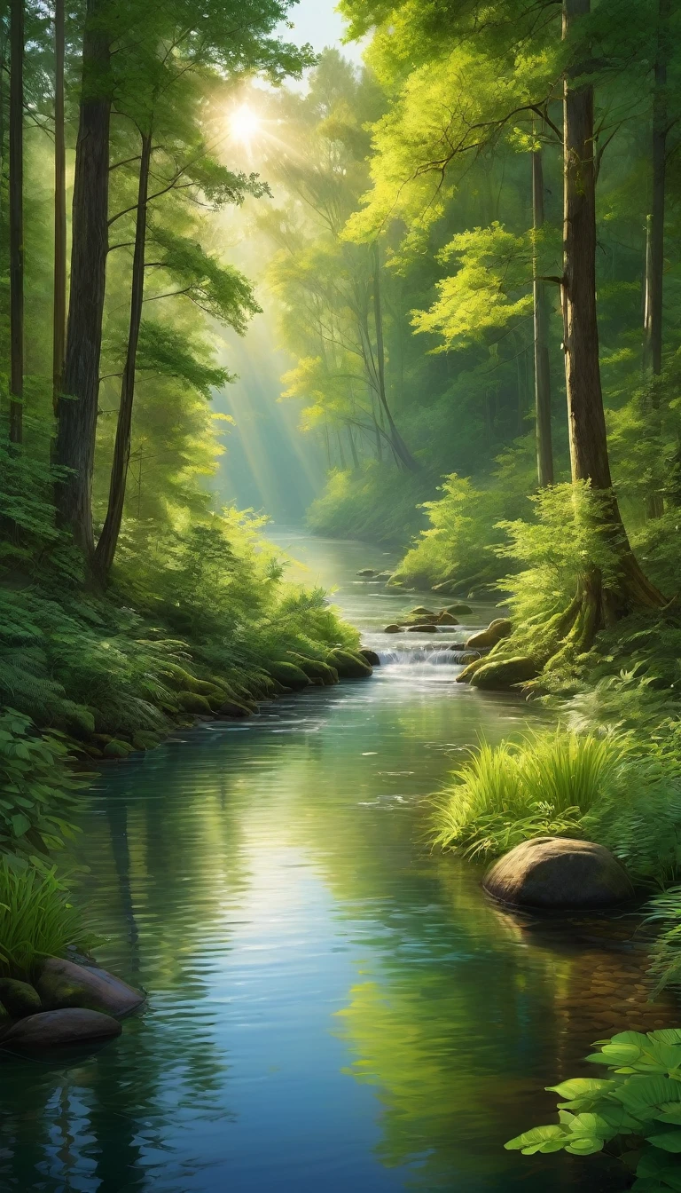 A serene river flows through a tranquil forest, with warm, glowing light filtering through the trees. The forest exudes a peaceful and enchanting atmosphere, with the light creating beautiful reflections on the water. The scene is richly detailed, with lush greenery, tall trees, and a harmonious blend of shadows and highlights, enhancing the overall beauty and tranquility.