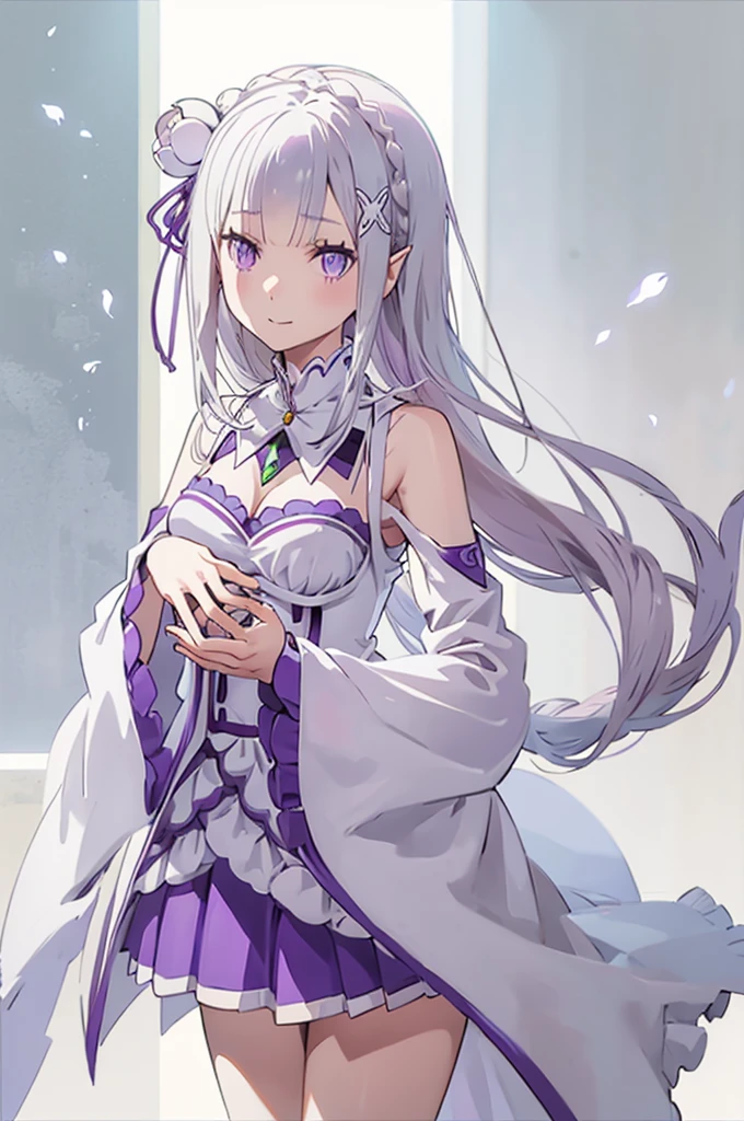 emilia, 
Rezero emilia, 
1girl, perfect anatomy, correct anatomy,perfect proportion, perfect hands, perfect legs, detailed fingers, 
best illustration, masterpiece, best quality, (anime screencap:0.8), (official art:0.7), detailed beautiful face and eyes,  BREAK long hair, low-tied long hair, braid, crown braid, animate, anime keyvisual, white hair, 
(purple eyes:1.2), (beautiful detailed eyes:1.6),
looking at viewer, 
pointy ears,
BREAK smile, 
dress, pink dress, BREAK bare shoulders, detached collar, long sleeves, shoulder cutout, wide sleeves, white sleeves, 
medium breasts, 
zettai ryouiki, 
flower, hair flower, hair ornament, hair ribbon,   white flower, x hair ornament,
cowboy shot ,
perfect lighting,
background of indoor, 