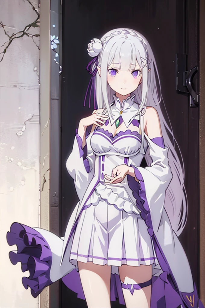 emilia, 
Rezero emilia, 
1girl, perfect anatomy, correct anatomy,perfect proportion, perfect hands, perfect legs, detailed fingers, 
best illustration, masterpiece, best quality, (anime screencap:0.8), (official art:0.7), detailed beautiful face and eyes,  BREAK long hair, low-tied long hair, braid, crown braid, animate, anime keyvisual, white hair, 
(purple eyes:1.2), (beautiful detailed eyes:1.6),
looking at viewer, 
pointy ears,
BREAK smile, 
dress, pink dress, BREAK bare shoulders, detached collar, long sleeves, shoulder cutout, wide sleeves, white sleeves, 
medium breasts, 
zettai ryouiki, 
flower, hair flower, hair ornament, hair ribbon,   white flower, x hair ornament,
cowboy shot ,
perfect lighting,
background of indoor, 