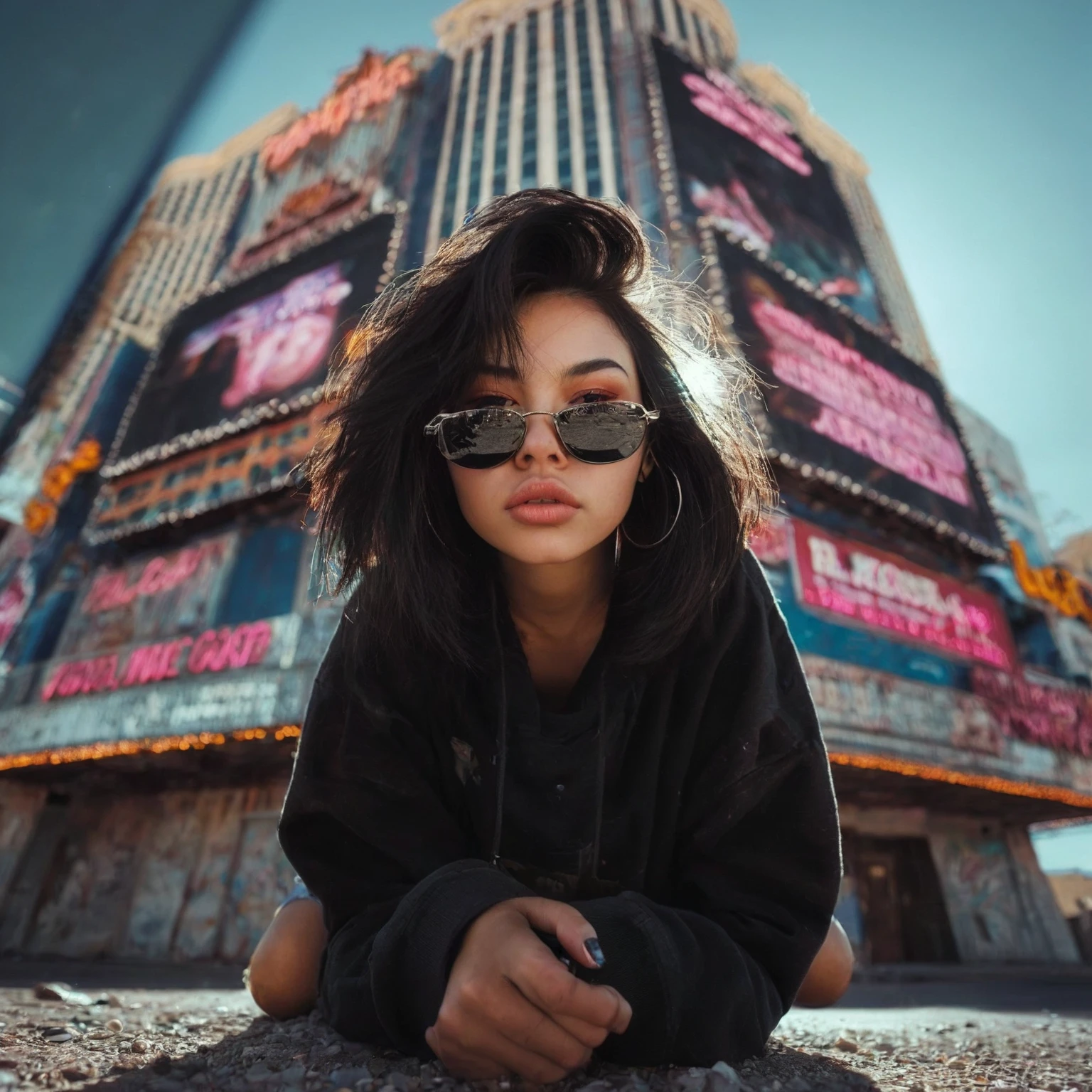 centered, 1girl, 18 yo, black hair, Las Vegas, standing, looking at the viewer, hip hop clothing, sunglasses, extreme low-angle photo from below, shot on Afga Vita 400, natural lighting, city photograph, in front of abandoned casino, big neon signs, heat, desert