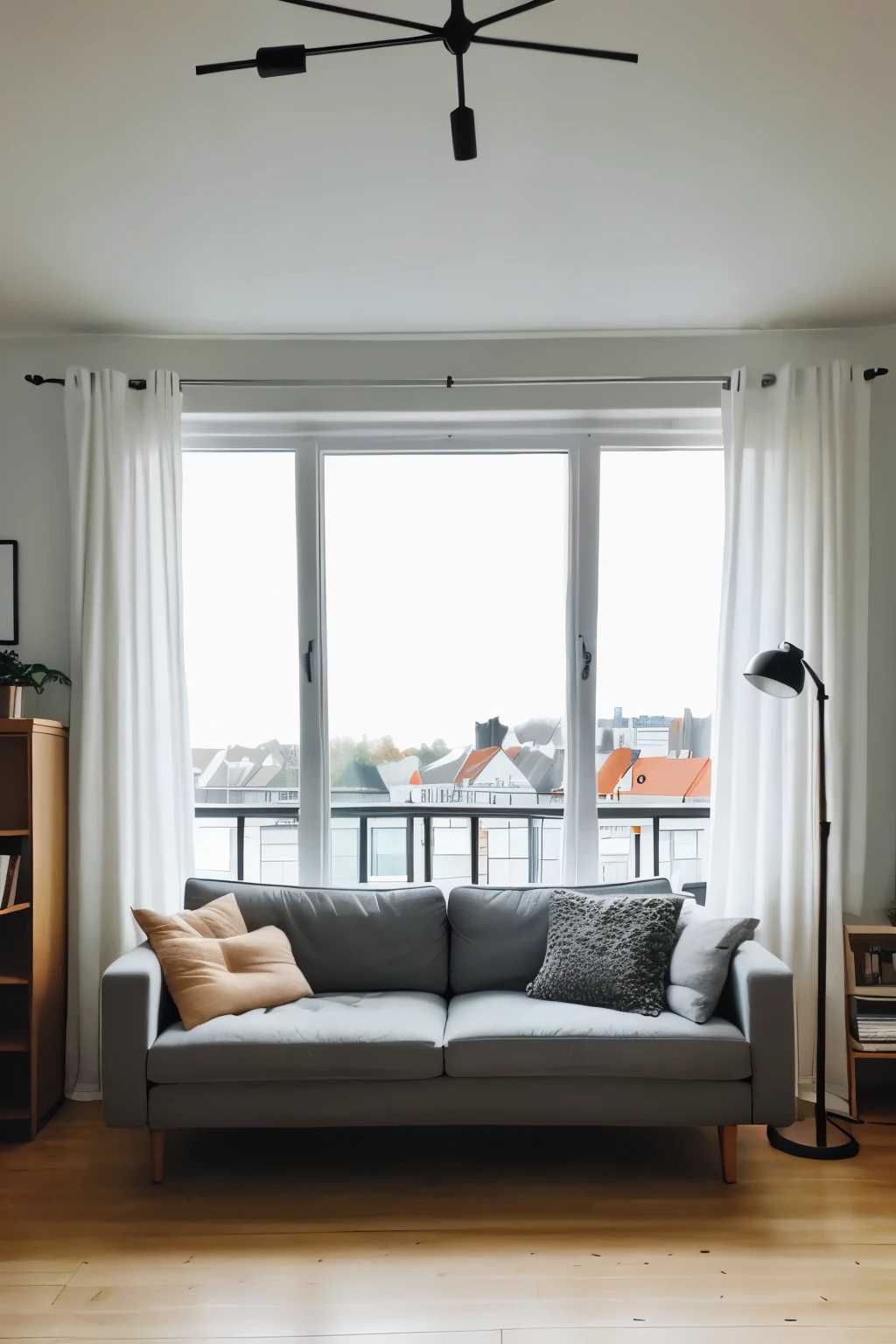 “ scandinavian living room style, pictures,
 couch, small glass window, city view,
 curtains, wooden floor, daylight, best
 quality, super detailed, ultra realistic ”