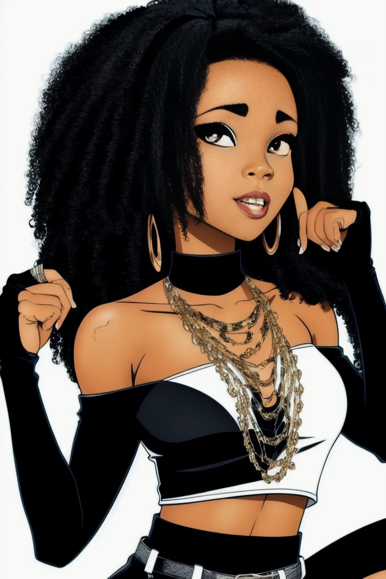 Boondocks character, a black adult woman with black curly hair that goes down to her shoulders. Wears eyeliner as she has on black chokers and necklaces, wearing a black long sleeve and a skirt that is long down to her ankle.