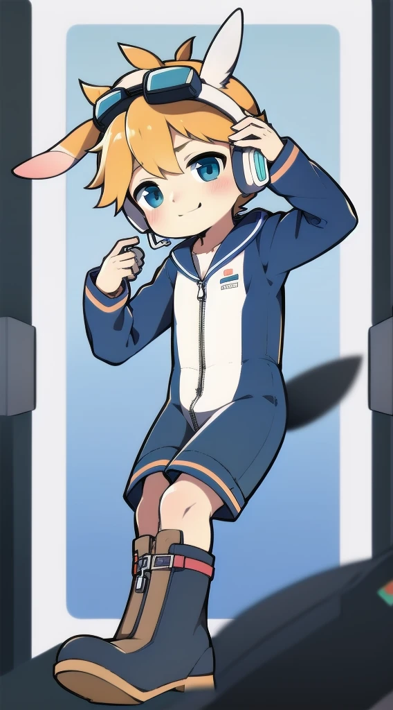 2D Boy Shota,One-piece mountaineering suit,Slim, healthy body,Put the headphones on your head,stand up,goggles,Rabbit ears,happy,Sailor collar,tie,Zipper pulled down,boots