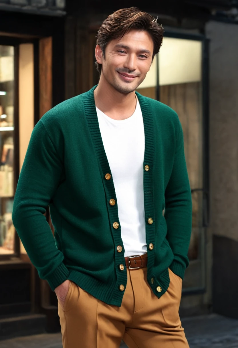 (Highest quality,8K,masterpiece)masterpiece, Highest quality, Realistic, 1 person, Mature Men, A quiet and attractive young man, Age 25, Close ~ eyes, ((A kind smile)), Mouth closed, Highly detailed face, a bit far, ((Dark green eyes)), ((Short brown hair swept to the side)), [Thick eyebrows], (Caramel cardigan and brown pants), (Waiting in front of the store),Erotic、suit,Japanese