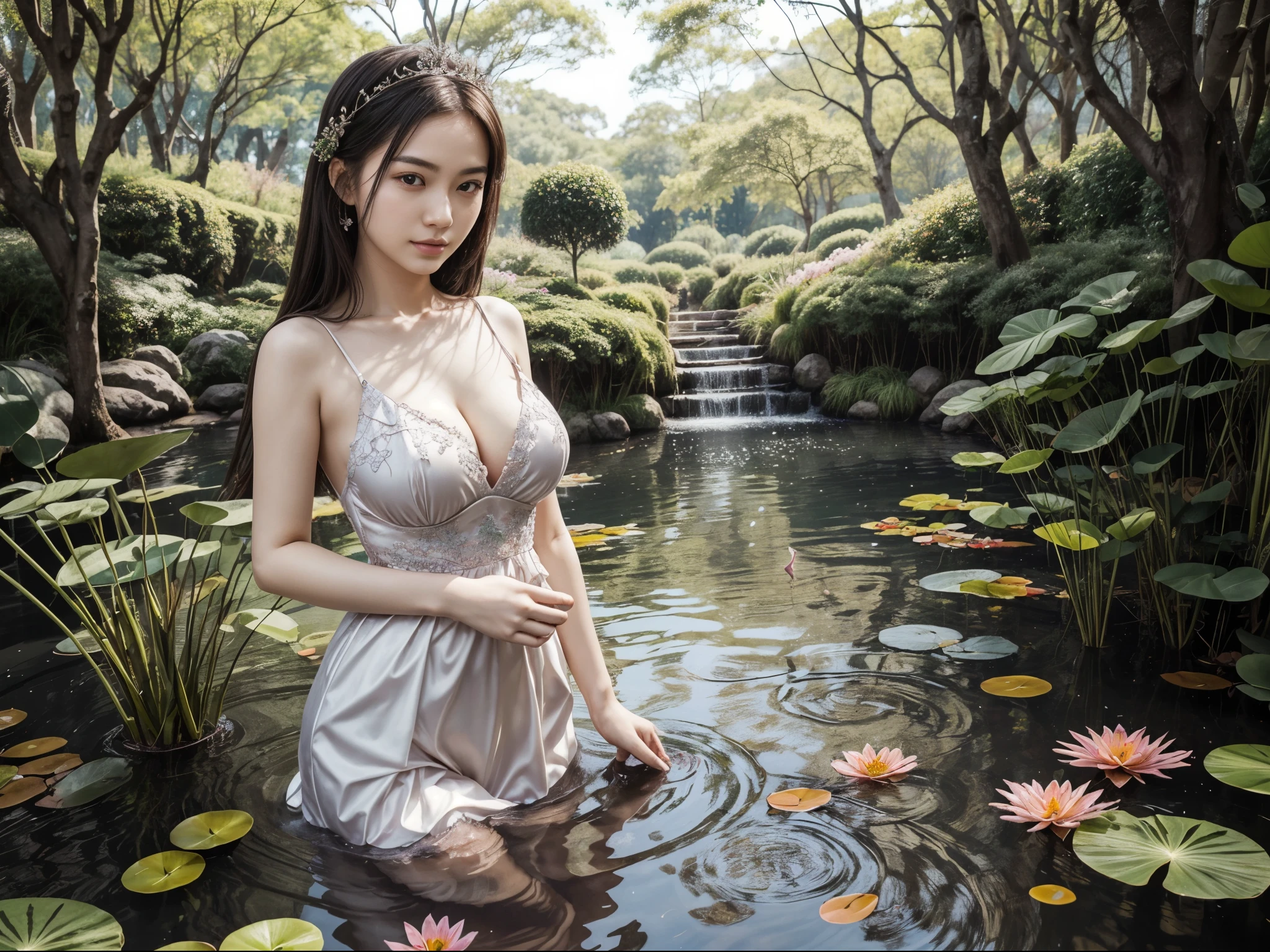 1girl, detailed face, wears a very elegant noblewoman oufit, realistic, glowing irisdescent flowers, lily forest, lili pad, tranquil ponds, (solo:1.2), (full body:0.6), huge breast, (looking at viewer:1.2),