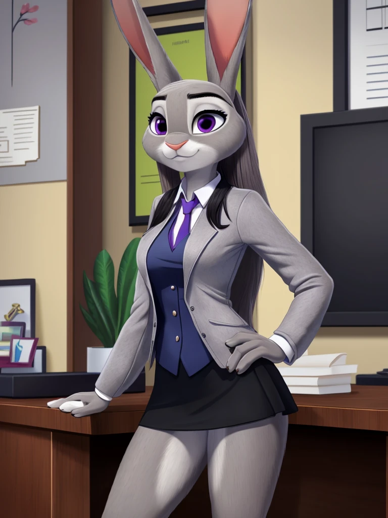best quality,
masterpiece,
beautiful detailed,
hyper Realistic,
Portrait,
Looking at the audience,
detailed background,
background is an office,
(Face is JudyHopps:1.15),
NamiFinal,
((long straight hair)),
wispy bangs, bangs,
purple eyes,
(arched eyebrows:1.1),
(uplift eyebrows:1.1),
(rabbit ears:1.1),
office lady is wearing suit,
((White blouse)),
((Black blazer jacket)),
((Black skirt)),
clothes made of cotton,
(skin is felt:1.4),
(((body is gray with fluffy and fluffy))),
human hands,
(solo:1.5),
(1 lady:1.5),
one character only
alone,
Perfect Anatomy