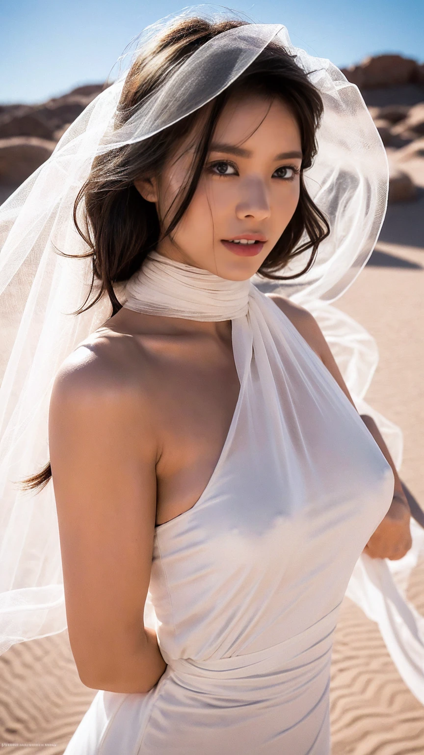 In foggy weather, I see a bare-skinned woman wearing a white veil, Energetic in the desert. This image is、Inspired by the determined movements of the woman and the dramatic backdrop、It captures raw, powerful emotion.。. High quality detail in photos、The contrast between light and dark is enhanced, Reveals the delicate elegance of a woman's veil fluttering in the wind。. All the elements of this striking image come together、It creates dark emotions and deep meanings.. Milan Fashion Week , Vogue Magazine
