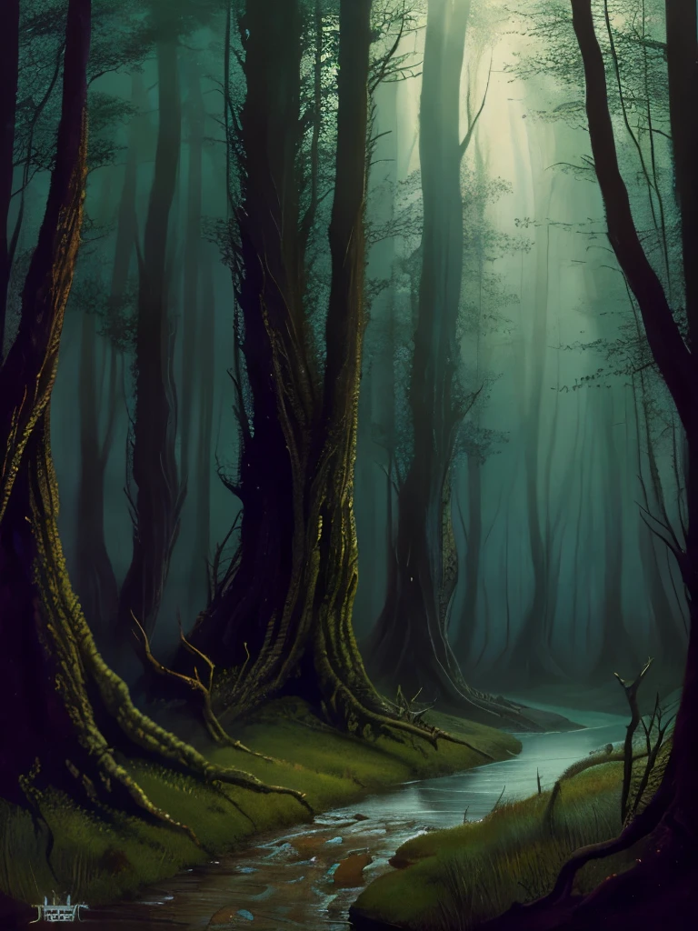 there are two birds that are sitting on a tree, dark fantasy art, dark fantasy mixed with realism, dark fantasy forest, by John Howe, fantasy dark art, painting by john howe, concept art of a dark forest, dark fantasy setting, creepy forest, # mist # horror # magic # spell, southern gothic art, of an evil tree wizard, creepy!!