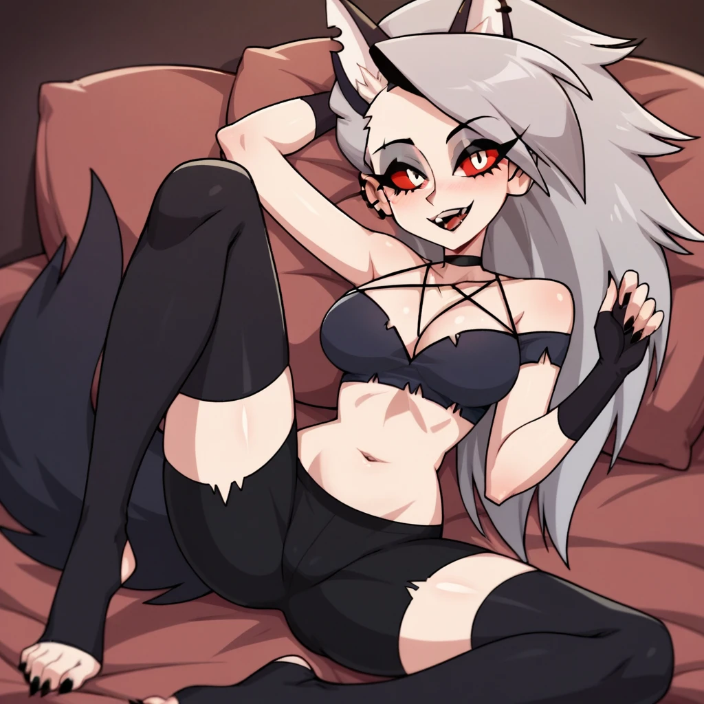 score_9, score_8_up, BREAK, source_anime, (1girl, solo), uncensored, perfect body, slim, thigh highs, fingerless gloves,
pose, sexy,wolf paws on the legs, lying down, black bra, black bike shorts, (blushes 1.5), bare feet,big rounded breasts,
Human Loona \(Helluva Boss\), 