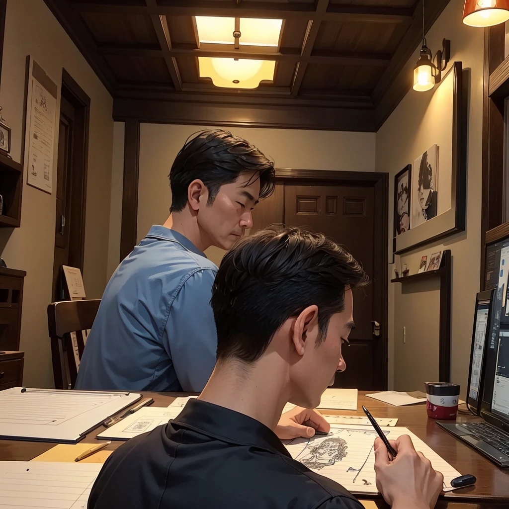 A middle-aged man,major,credibly,of Taiwanese,Used for profile picture,back, Under the mansion, Drawing style