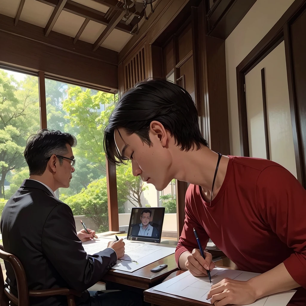 A middle-aged man,major,credibly,of Taiwanese,Used for profile picture,back, Under the mansion, Drawing style