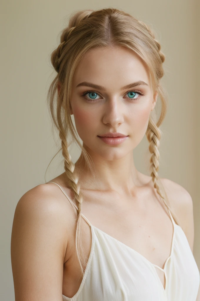 Portrait, photorealistic, realistic, Girl, green eyes, clear skin, soft makeup, long streaked green/pink hair, {loose hair, updo hair, ponytail, braids}, realistic soft skin.