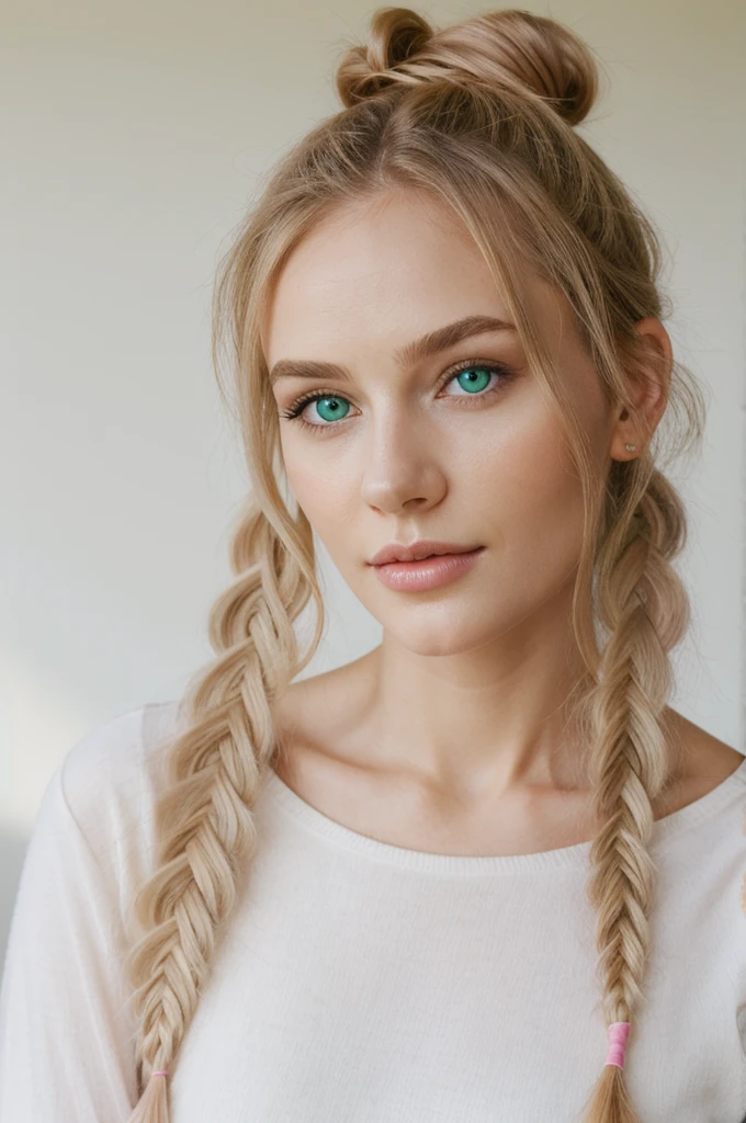 Portrait, photorealistic, realistic, Girl, green eyes, clear skin, soft makeup, long streaked green/pink hair, {loose hair, updo hair, ponytail, braids}, realistic soft skin.