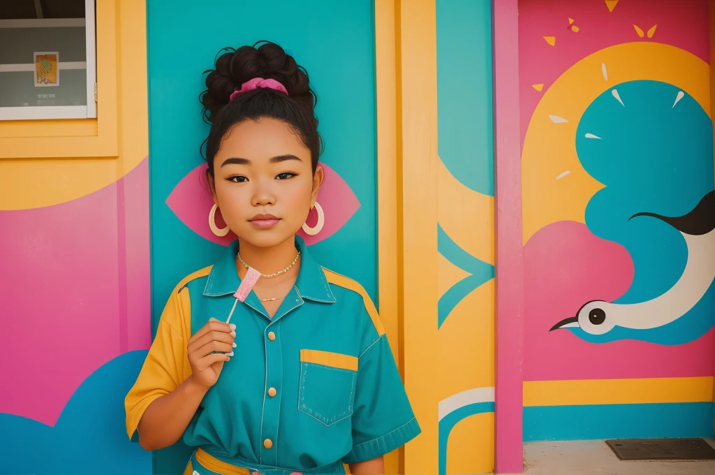 Year: 2023
Country: Tonga
Description: At a local art studio in Ha'apai, a young artist, donned in a quirky and colorful outfit, passionately paints a mural on the side of a charming cafe. Her creative spirit and unique style captivate passersby, who stop to admire her work.
