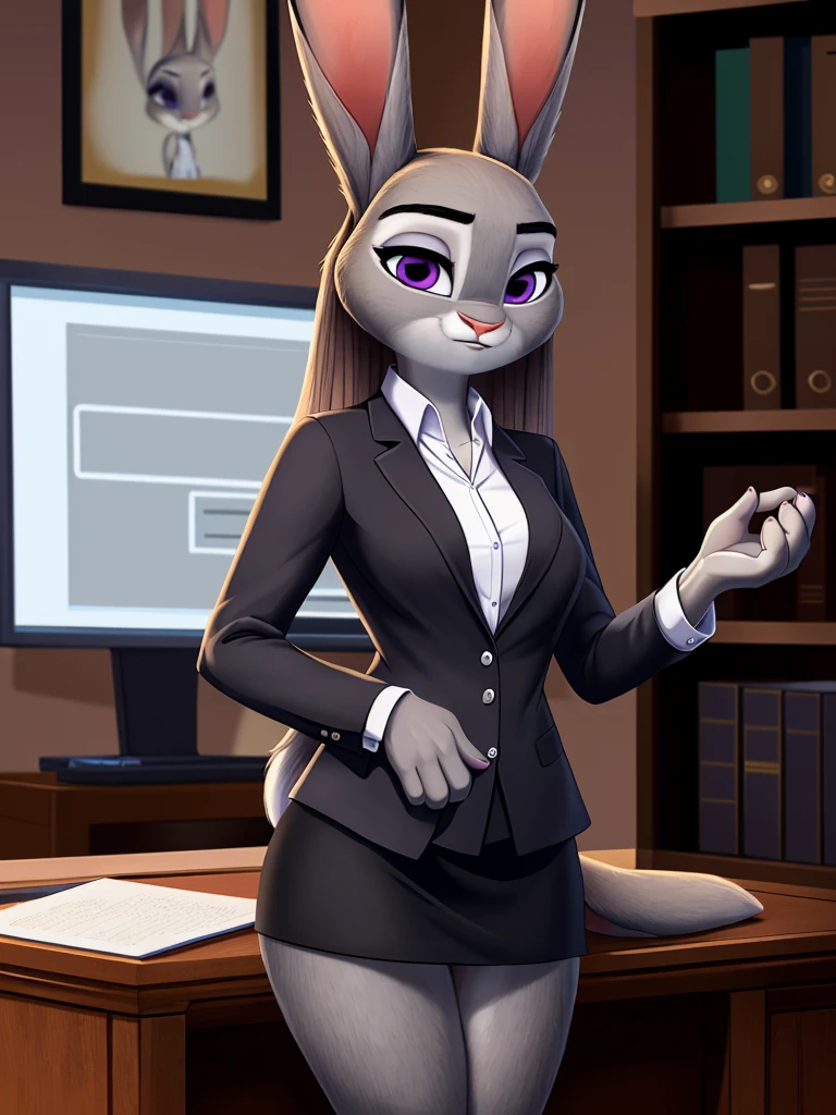 best quality,
masterpiece,
beautiful detailed,
hyper Realistic,
Portrait,
Looking at the audience,
detailed background,
background is an office,

(Face is JudyHopps:1.15),
NamiFinal,
((long straight hair)),
wispy bangs, bangs,
purple eyes,
(arched eyebrows:1.1),
(uplift eyebrows:1.1),
(rabbit ears:1.1),

office lady is wearing suit,
((White blouse)),
((Black blazer jacket)),
((Black skirt)),
clothes made of cotton,

(skin is felt:1.4),
(((body is gray with fluffy and fluffy))),
human hands,

(solo:1.5),
(1 lady:1.5),
one character only
alone,
Perfect Anatomy